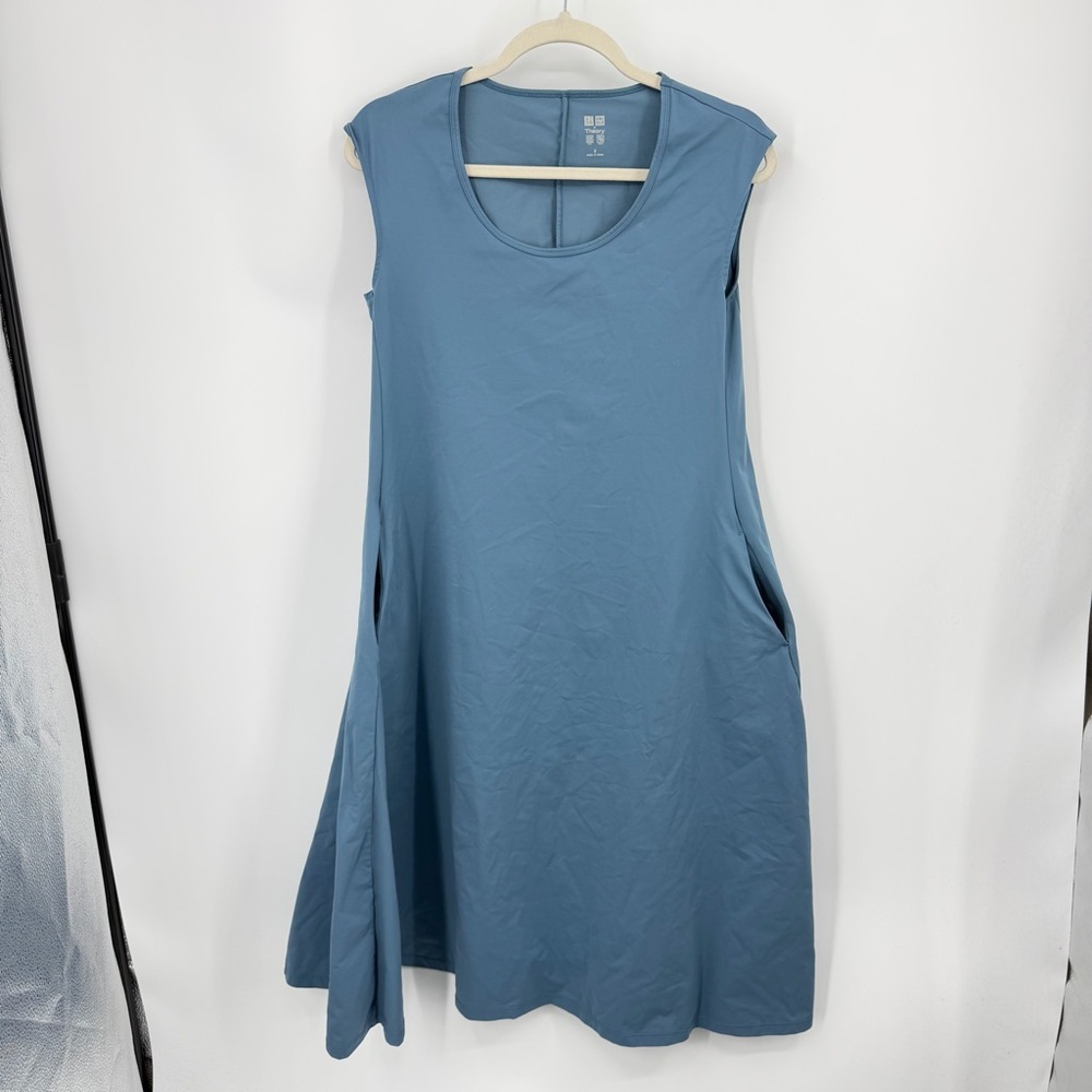 Uniqlo x Theory blue midi dress women's sz S Ultra Stretch A-Line Short-Sleeve